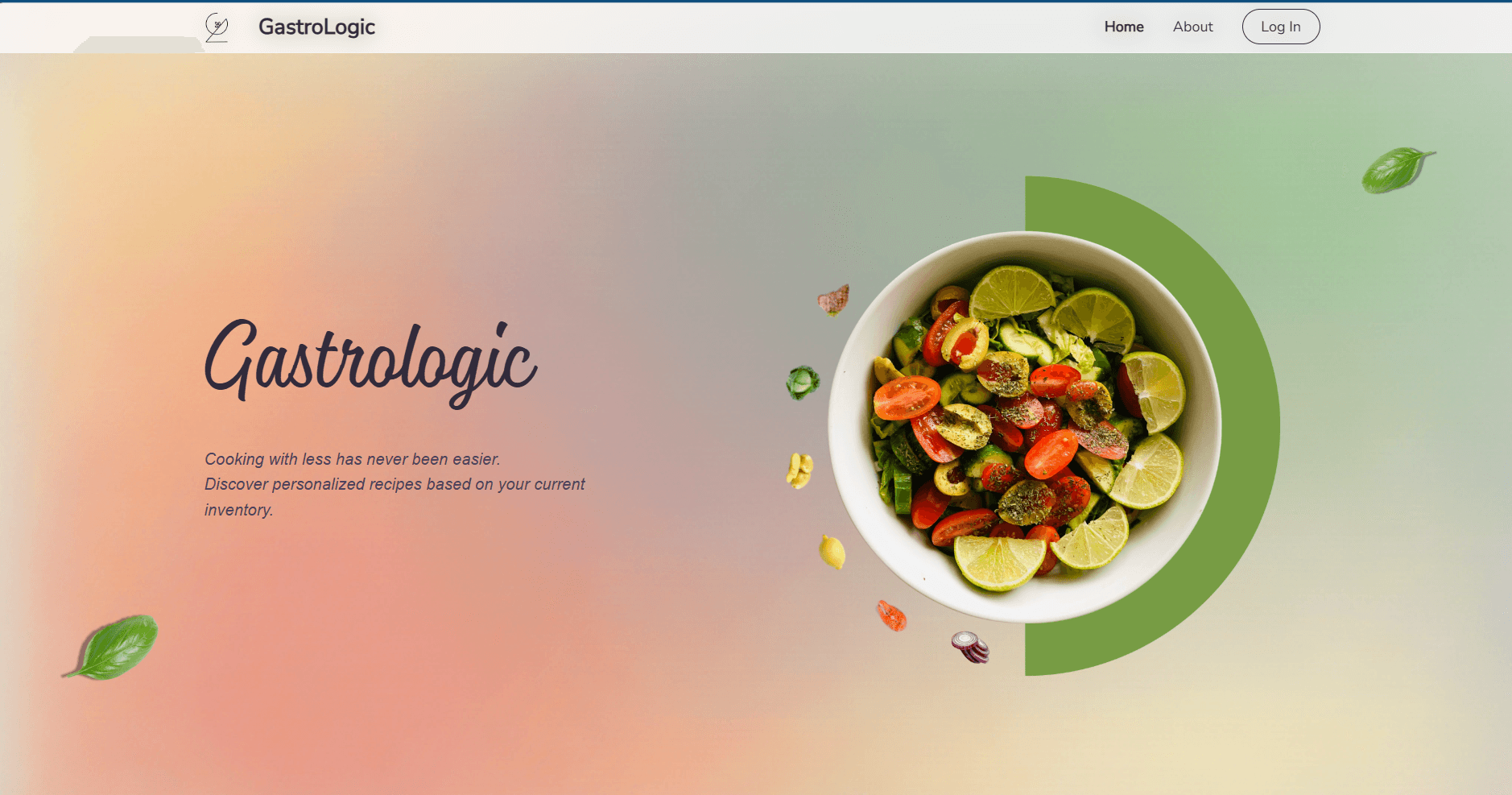 Página principal da aplicação GastroLogic, com interface dedicada à geração de receitas personalizadas e redução do desperdício alimentar.