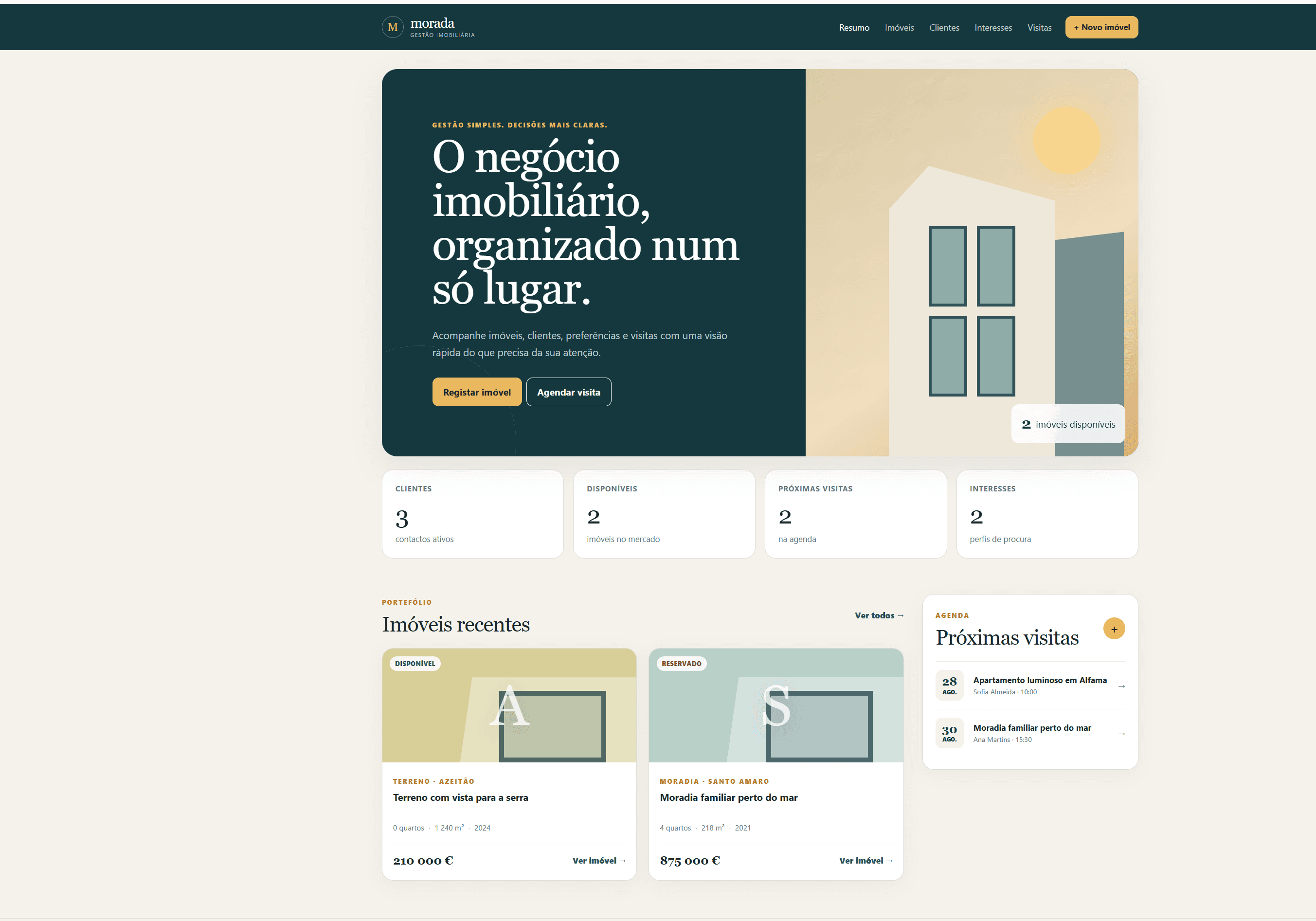 Página inicial da aplicação Morada com painel de gestão imobiliária, indicadores, imóveis recentes e próximas visitas.